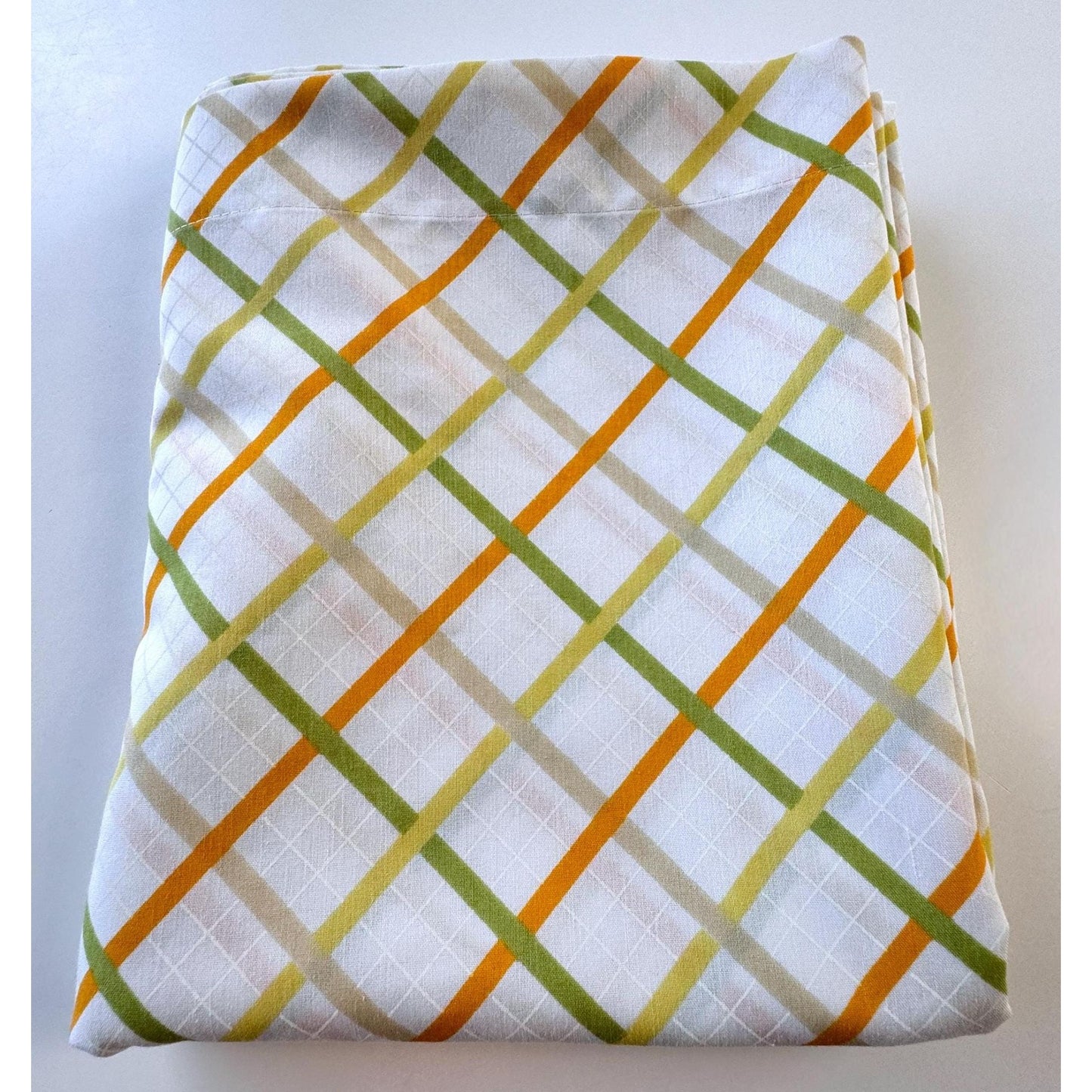 Vintage 70s top / flat sheet, yellow green orange diagonal squares, double / full size bed, TexStyle USA