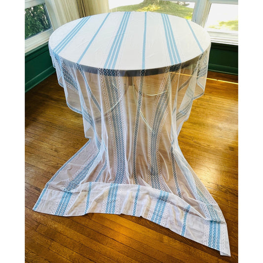 Vintage 80s curtain, white and blue stripes, sheer panel